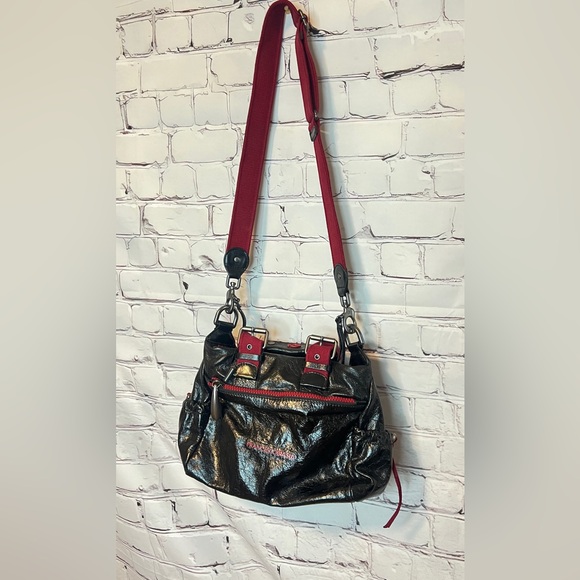 RARE FRANCESCO BIASIA BLACK RED LEATHER SHOULDER MESSENGER BAG - Picture 2 of 14